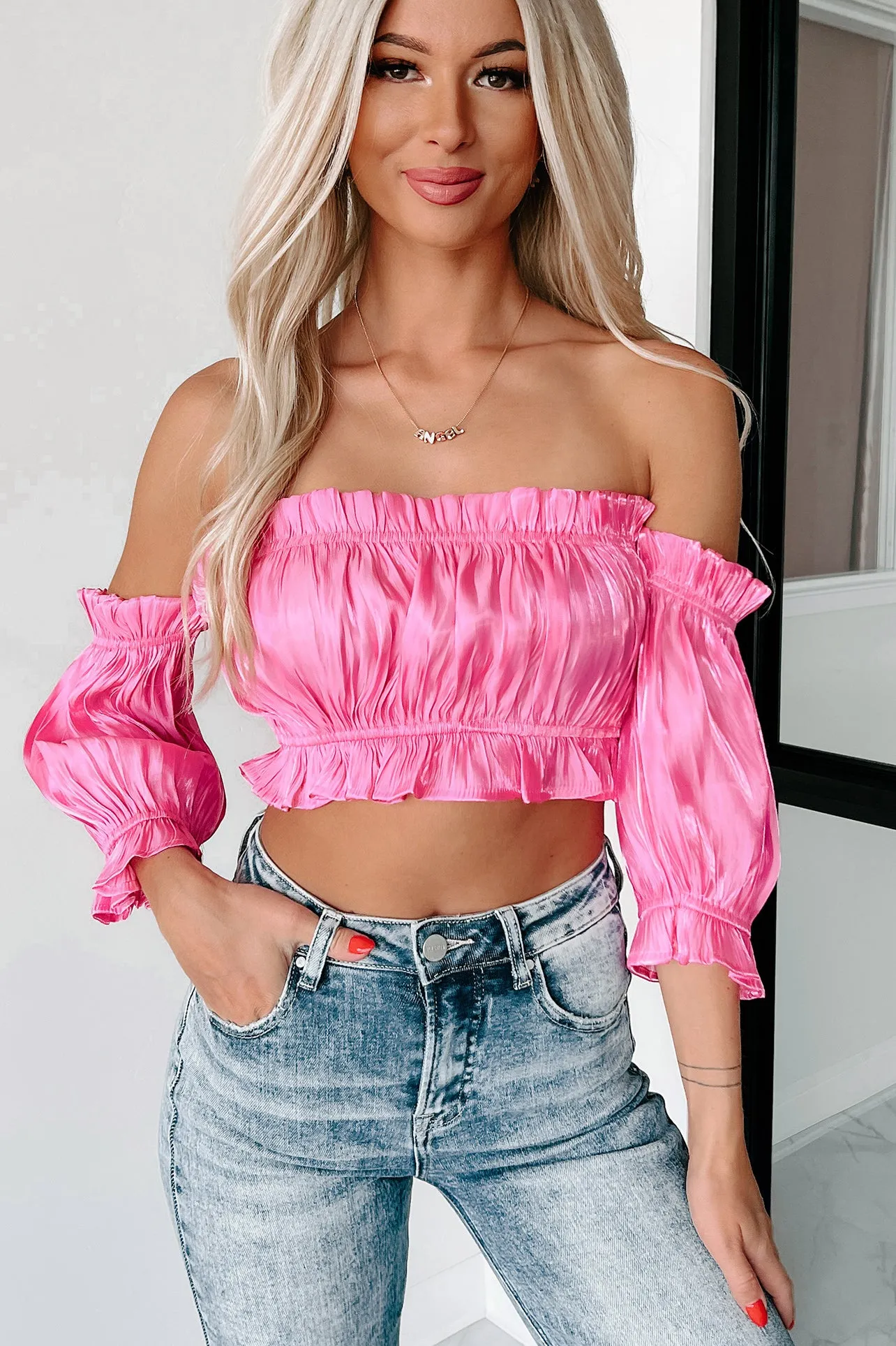 A Date With Fate Off The Shoulder Pleated Crop Top (Pink)