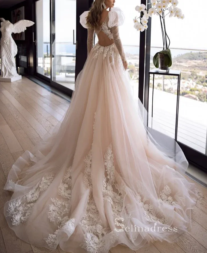 A-line Appliques Wedding Dress Sweetheart Long Sleeve Illusion Backless Wedding Gowns CBD494