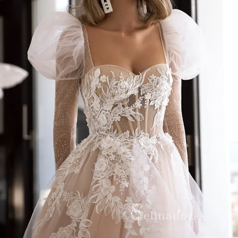 A-line Appliques Wedding Dress Sweetheart Long Sleeve Illusion Backless Wedding Gowns CBD494