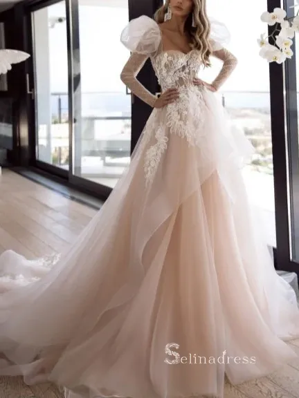 A-line Appliques Wedding Dress Sweetheart Long Sleeve Illusion Backless Wedding Gowns CBD494