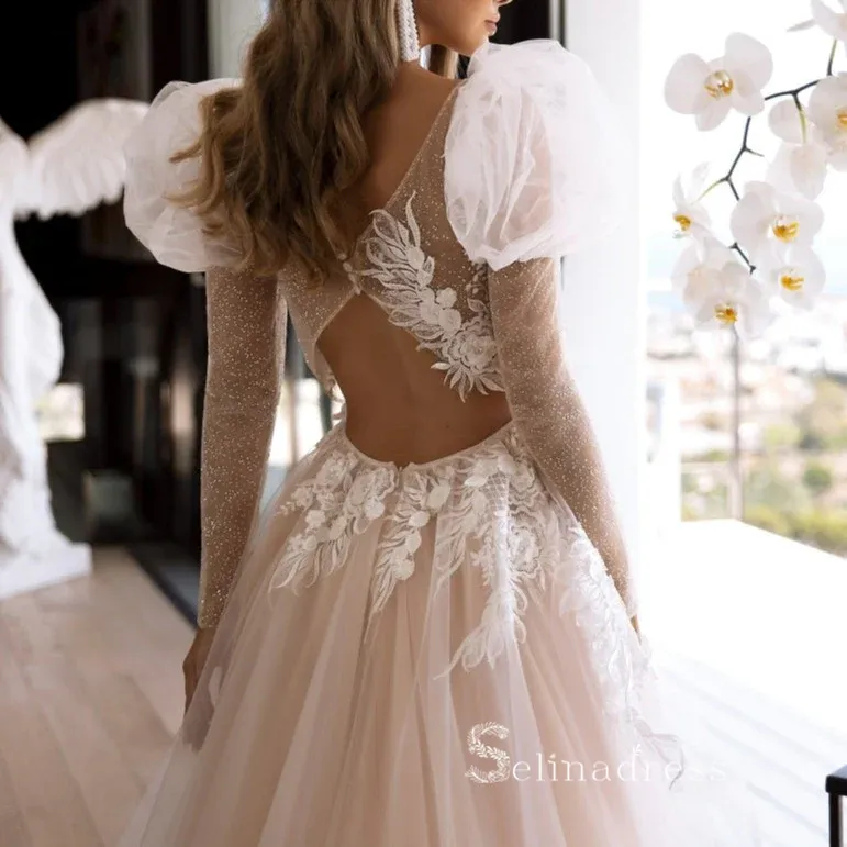 A-line Appliques Wedding Dress Sweetheart Long Sleeve Illusion Backless Wedding Gowns CBD494