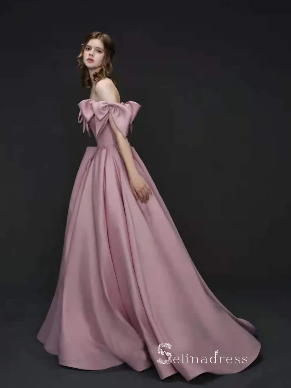 A-line Off-the-shoulder Pink Long Prom Dress Cheap Satin Evening Dresses GKF029