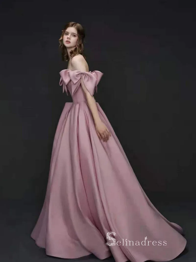 A-line Off-the-shoulder Pink Long Prom Dress Cheap Satin Evening Dresses GKF029