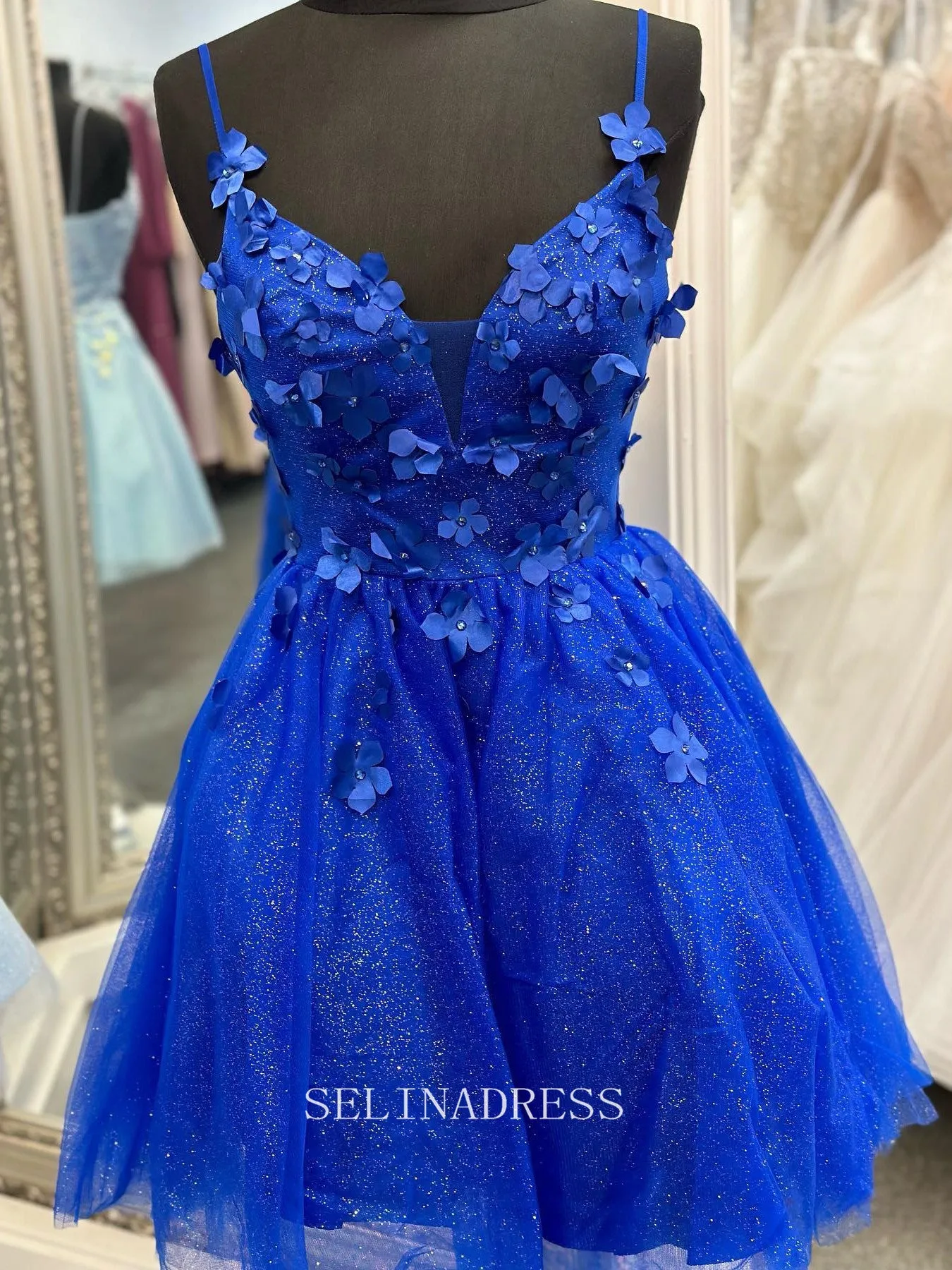 A-line Spaghetti Straps Royal Blue Short Prom Dress Tulle Homecoming Dress LOP014