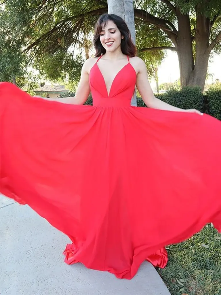 A Line V Neck Backless Red Long Prom Dresses, Open Back V Nek  Red Formal Graduation Evening Dresses