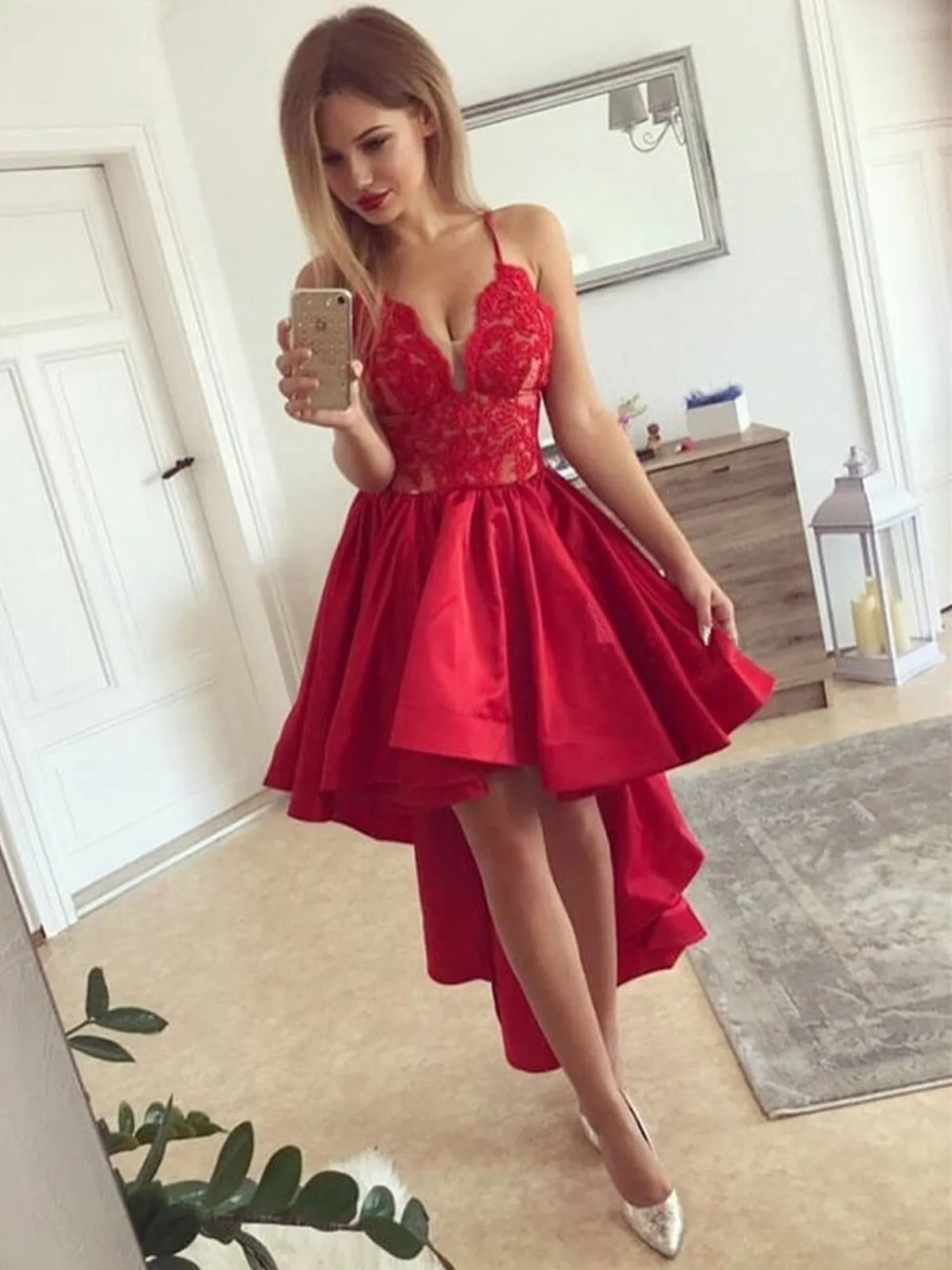 A line v neck satin appliques Lace Prom Dresses, V neck lace high low graduation homecoming dresses