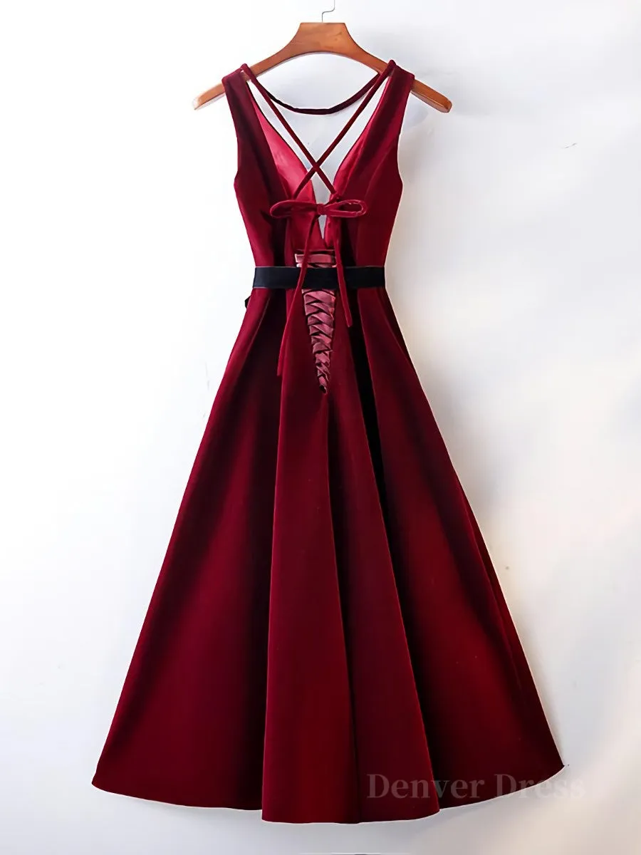 A Line V Neck Short Burgundy Prom Dresses Wine Red Short Formal Graduation Homecoming Dresses