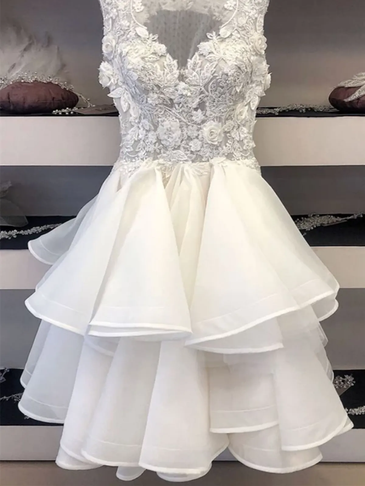 A Line V Neck White Lace Tulle Short Prom Dresses, V Neck White Lace Tulle Short Formal Evening Graduation Dresses