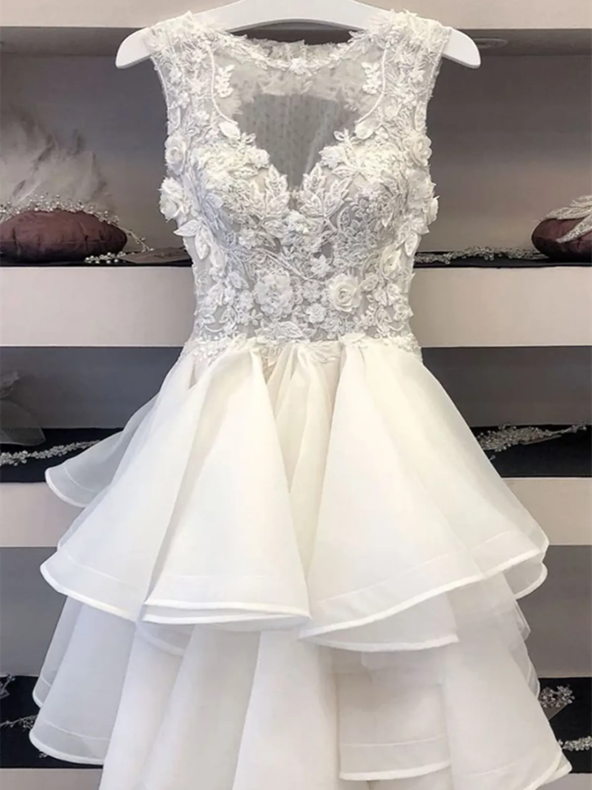 A Line V Neck White Lace Tulle Short Prom Dresses, V Neck White Lace Tulle Short Formal Evening Graduation Dresses