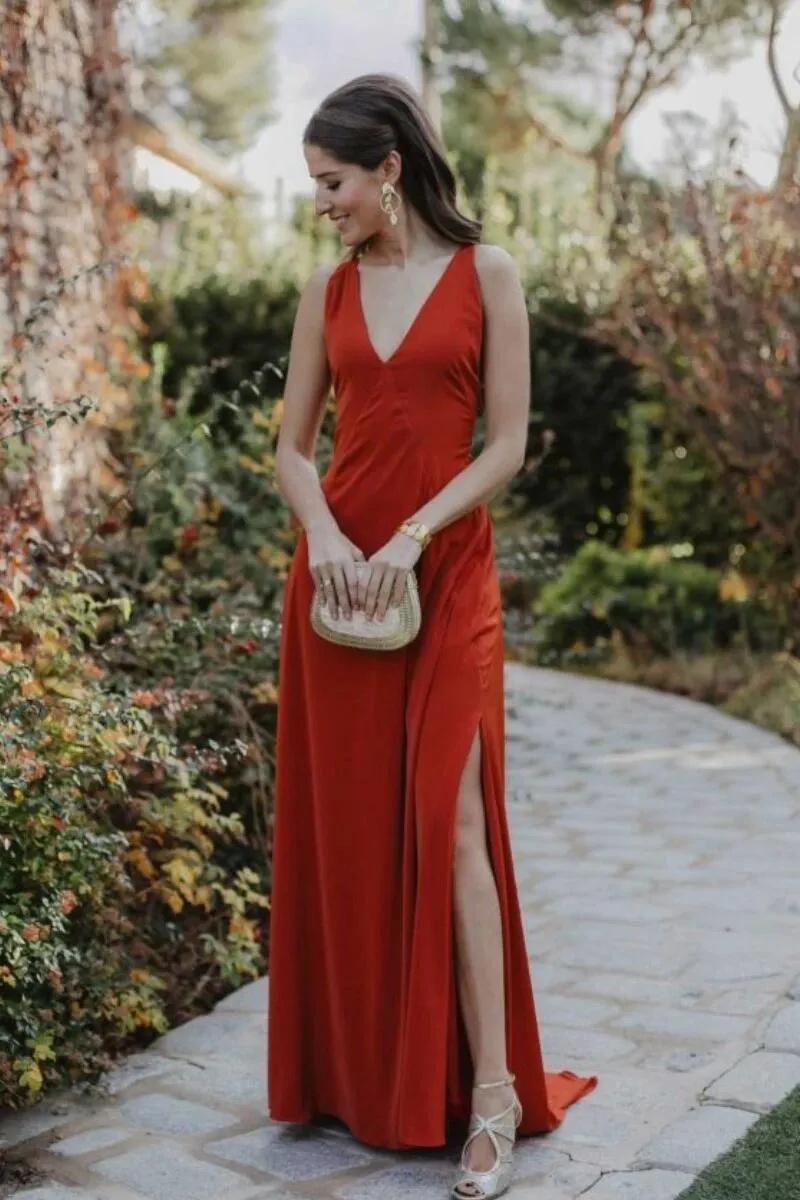 A Line V Neckline Orange Red Evening Gown with Strapy Back, Orange Red Long Prom Dresses