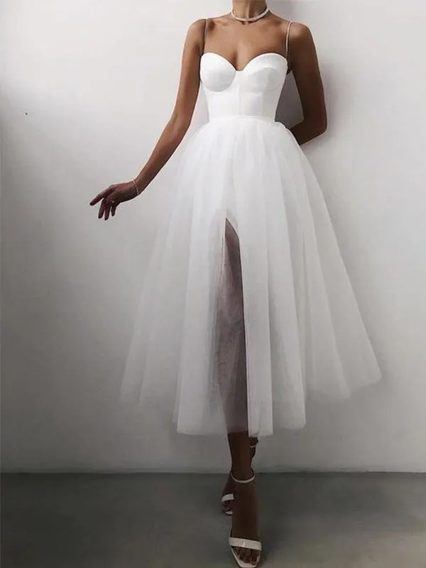 A-line White Tulle Spaghetti Straps Modest Prom Dresses D112