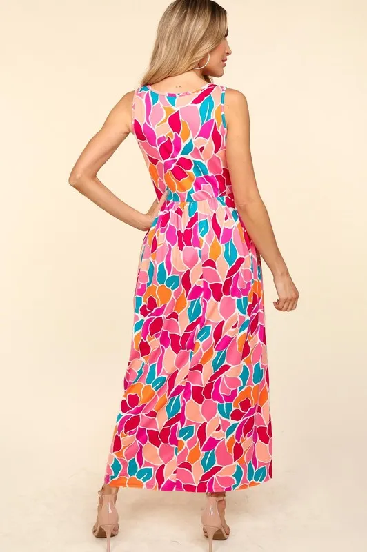 Abstract Floral Sleeveless Maxi Dress - Fuchsia