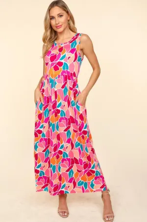 Abstract Floral Sleeveless Maxi Dress - Fuchsia