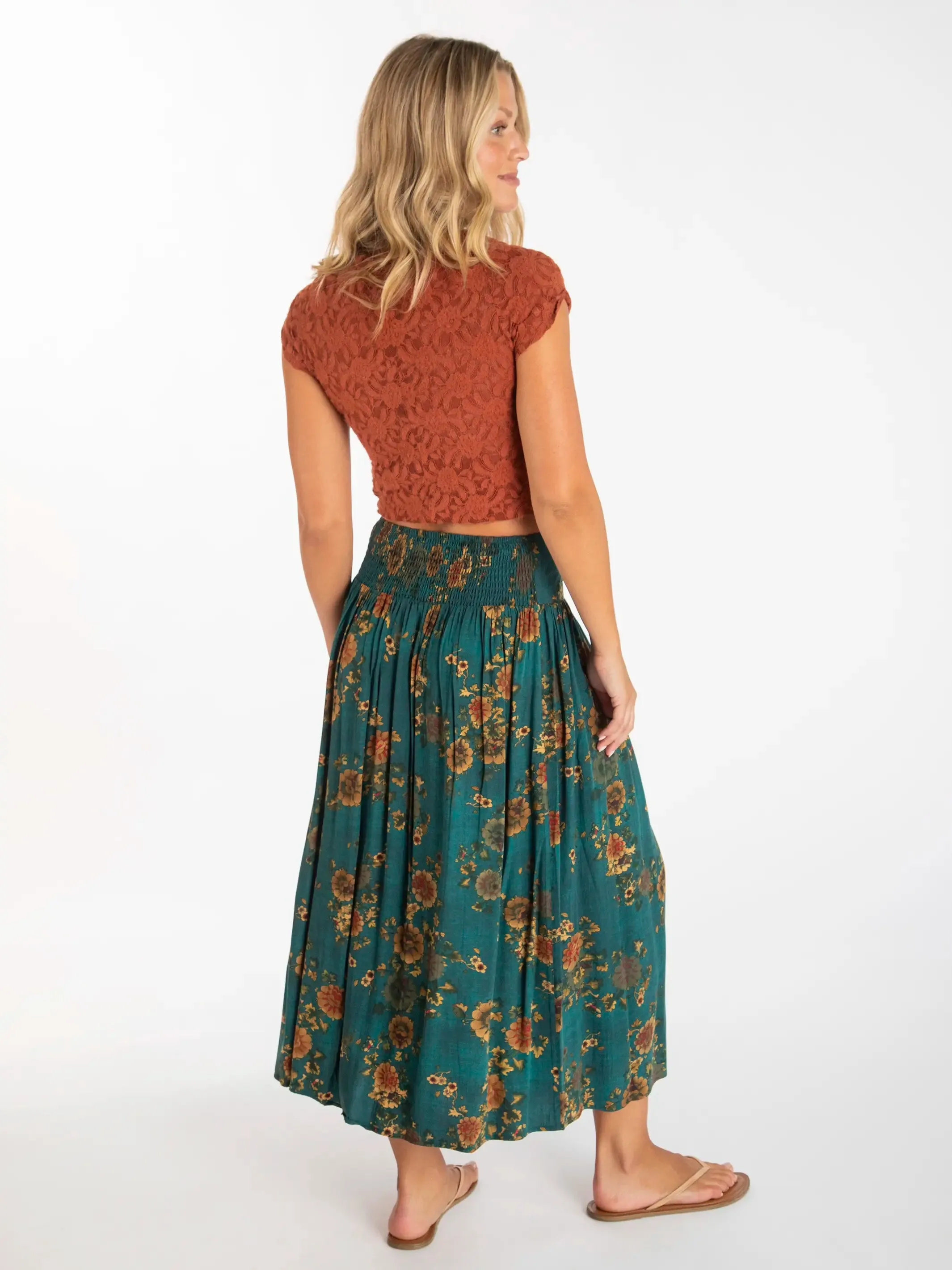 Addie Midi Skirt - Teal Orange Clusters