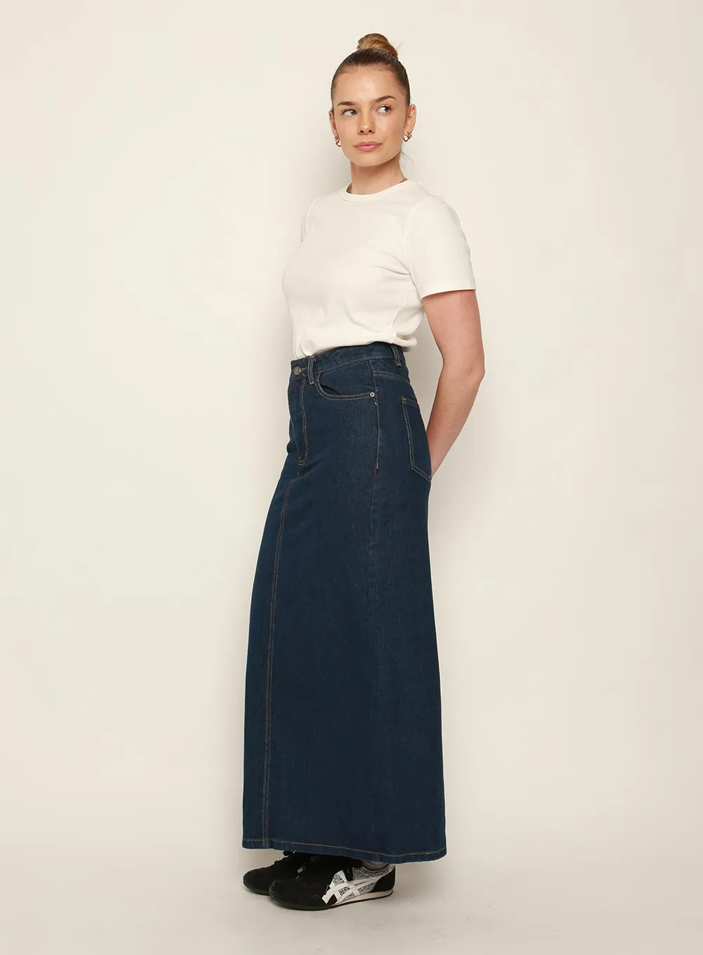 Adia Denim Midi Skirt-DARK BLUE