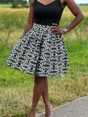 African print mini skirt - White / Green Bogolan / Mud cloth