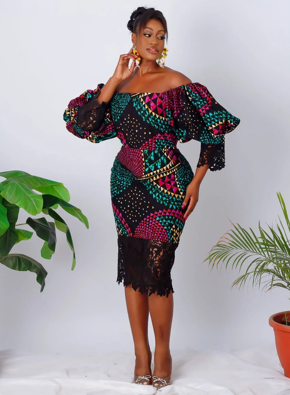 African Print Off Shoulder Puff Sleeve Pencil Midi Dress - Amarachi