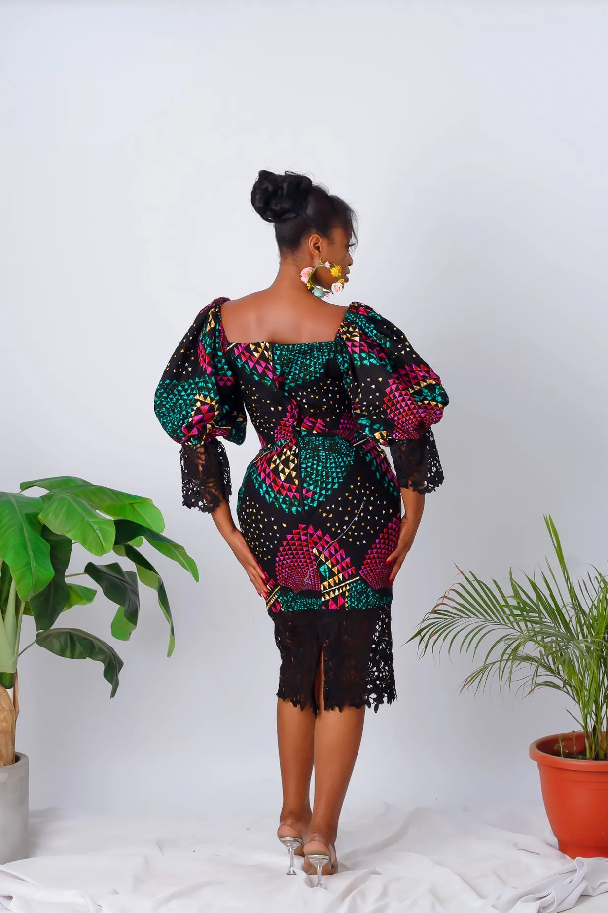 African Print Off Shoulder Puff Sleeve Pencil Midi Dress - Amarachi