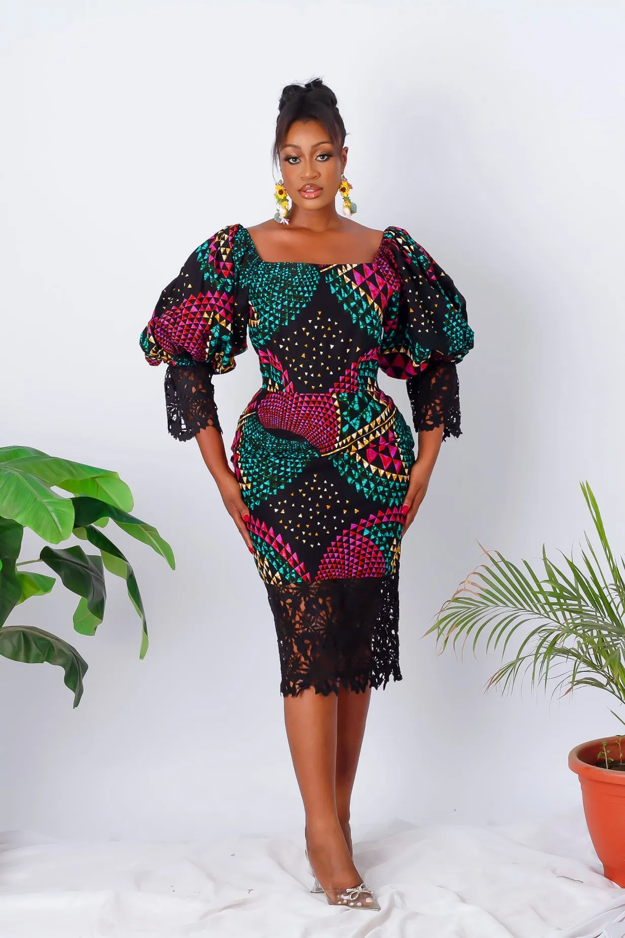 African Print Off Shoulder Puff Sleeve Pencil Midi Dress - Amarachi