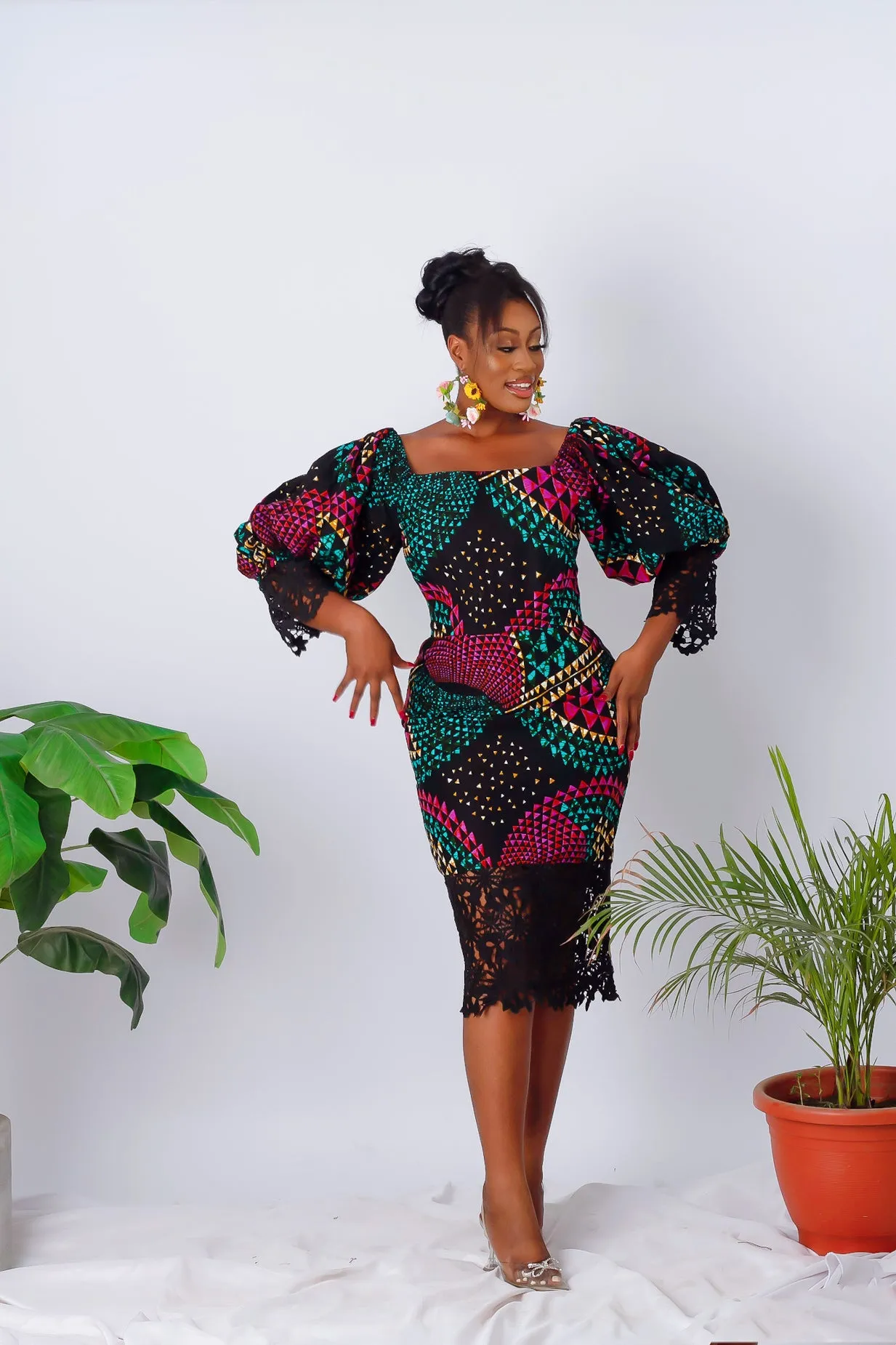 African Print Off Shoulder Puff Sleeve Pencil Midi Dress - Amarachi