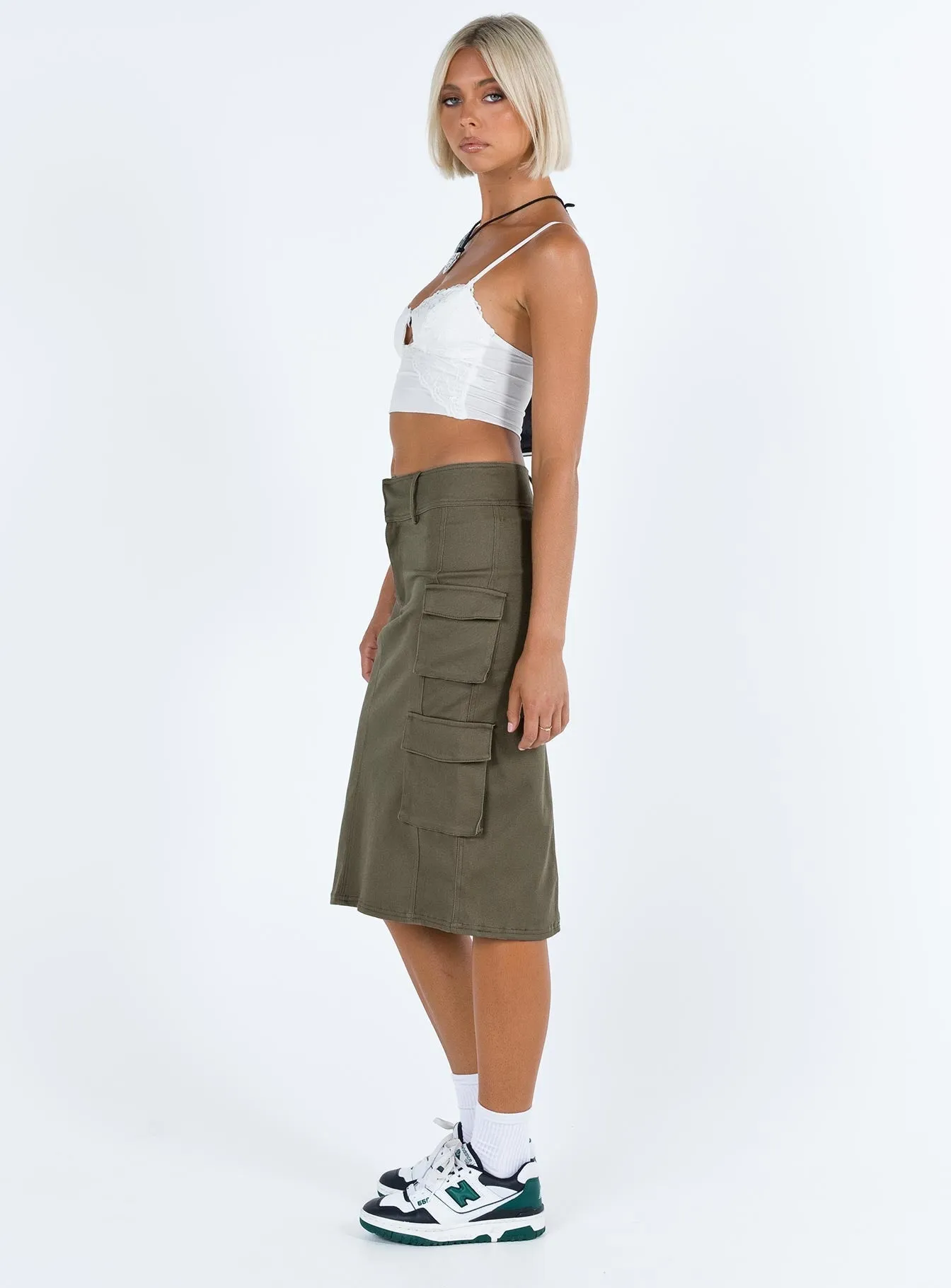 Alida Cargo Midi Skirt Olive Green