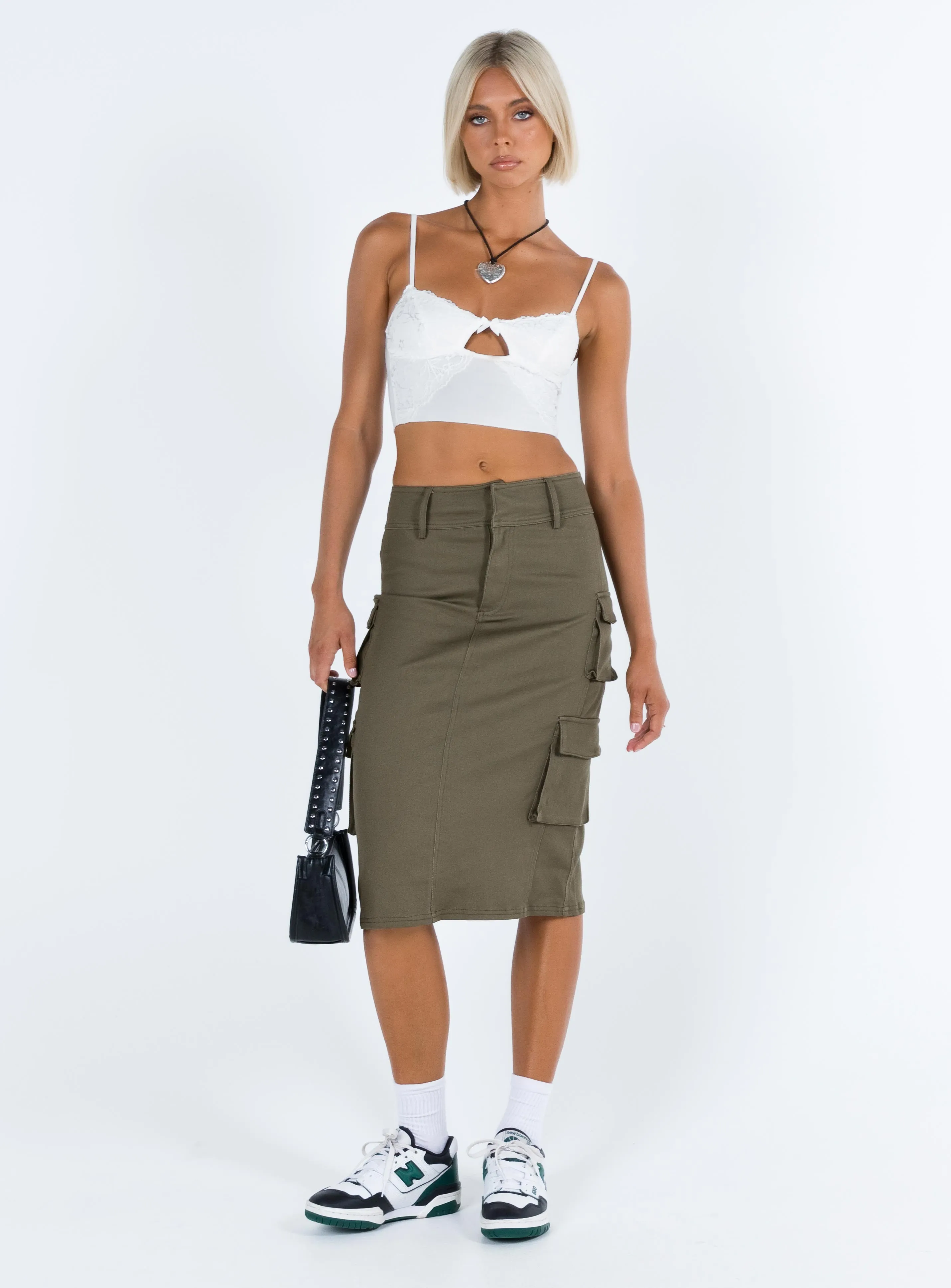 Alida Cargo Midi Skirt Olive Green