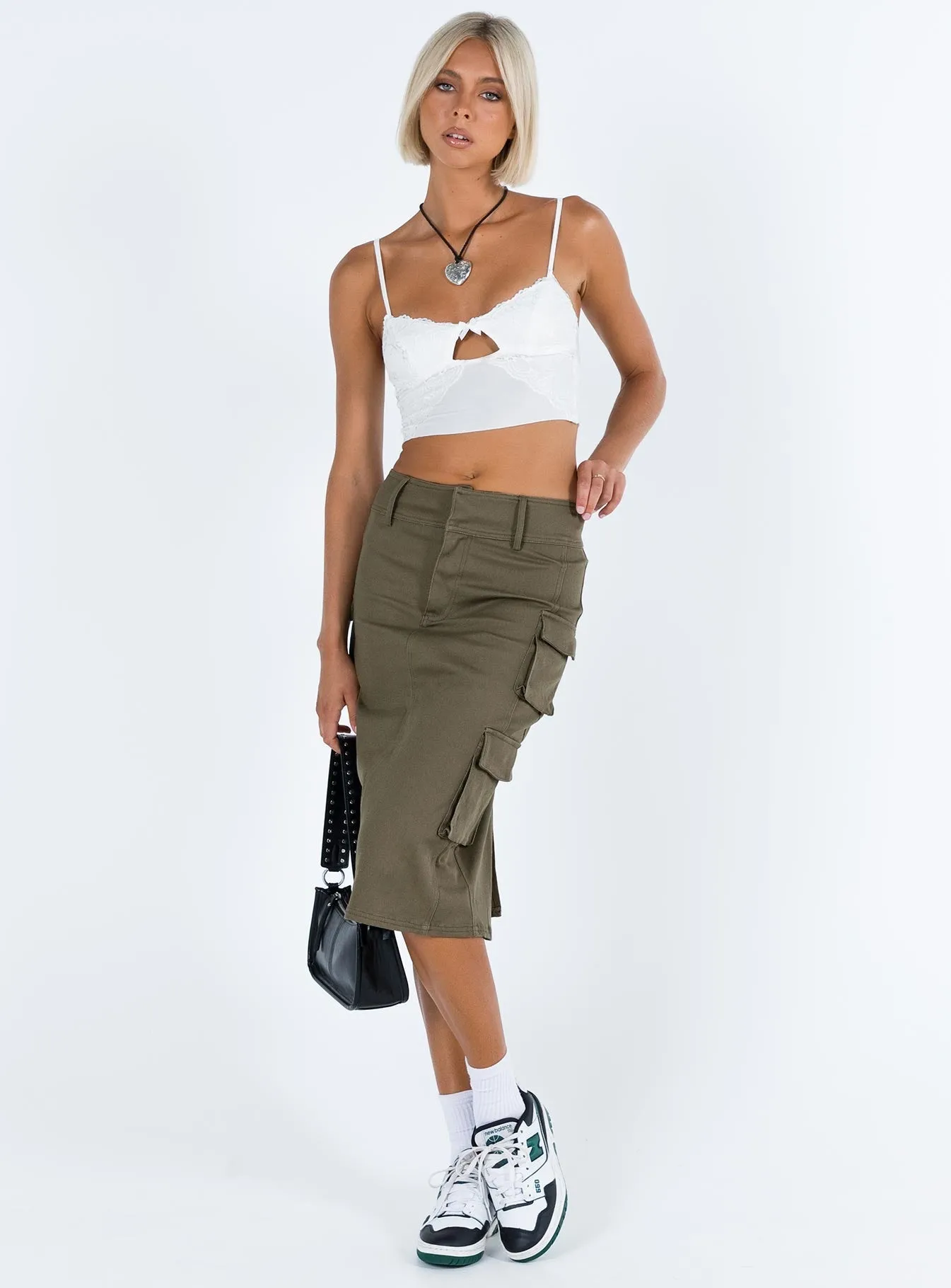 Alida Cargo Midi Skirt Olive Green