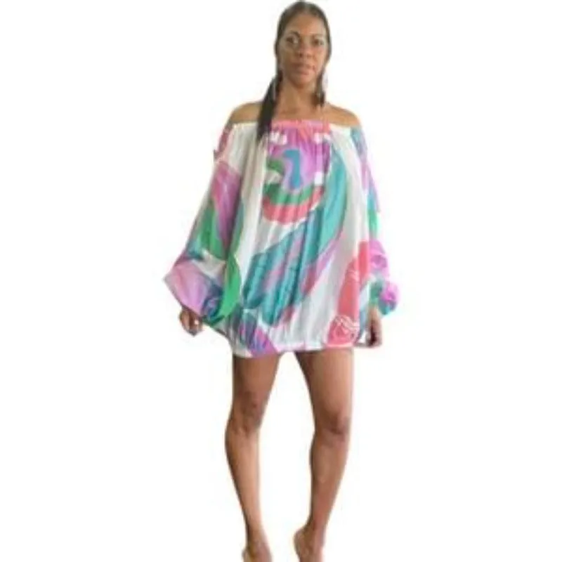 Alpha C Off-Shoulder Print Batwing Dress