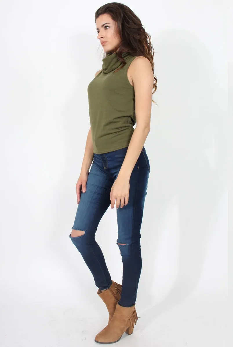 Amber Khaki Sleeveless Turtle Neck Top