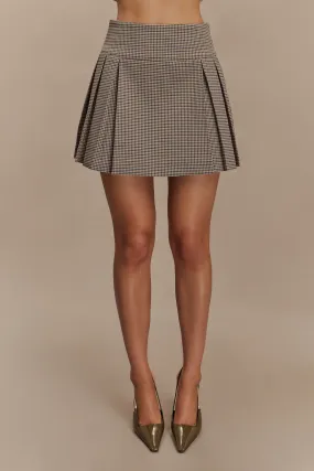 Angie Pleated Buckle Mini Skirt - Tan Check