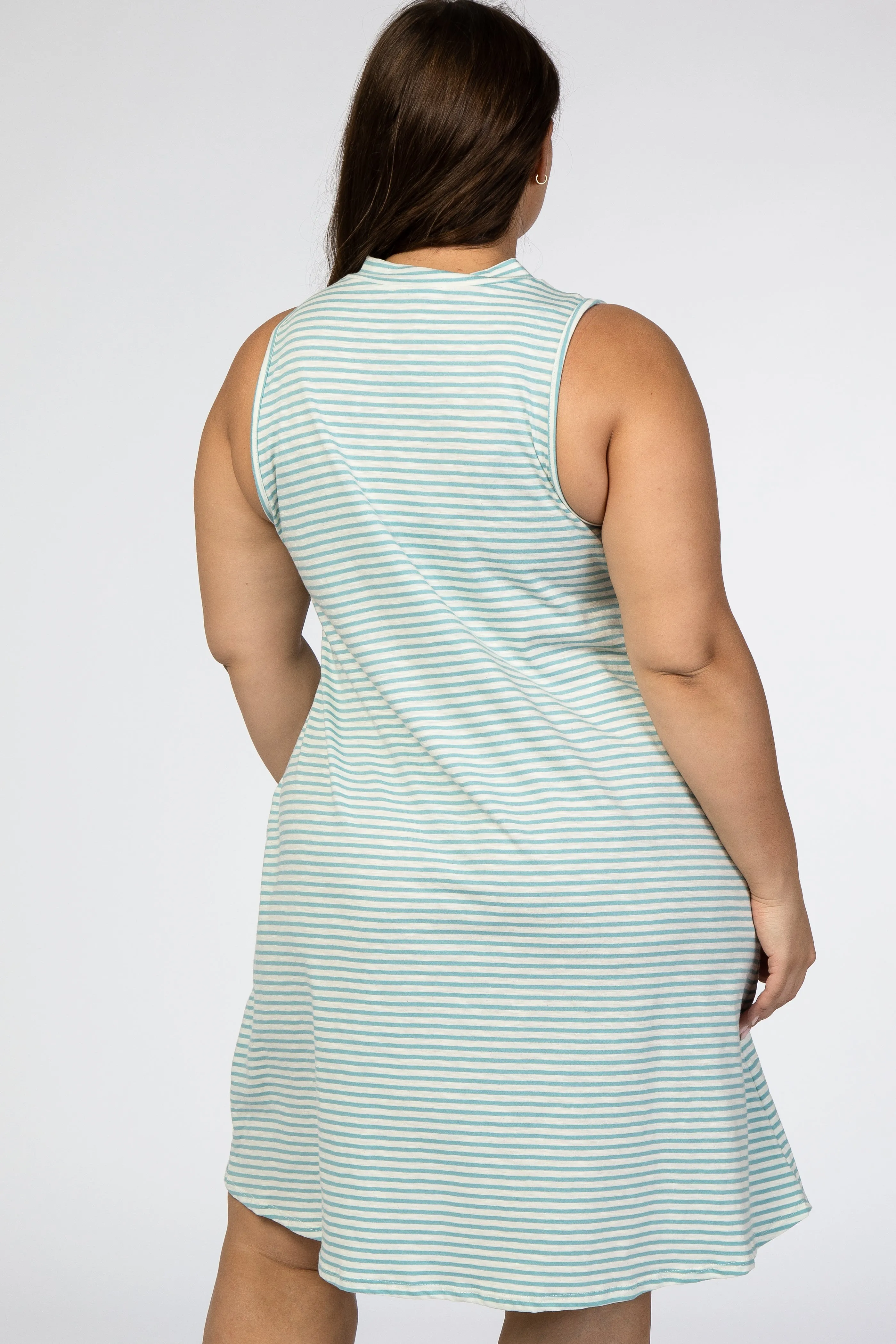 Aqua Striped Mock Neck Sleeveless Plus Dress