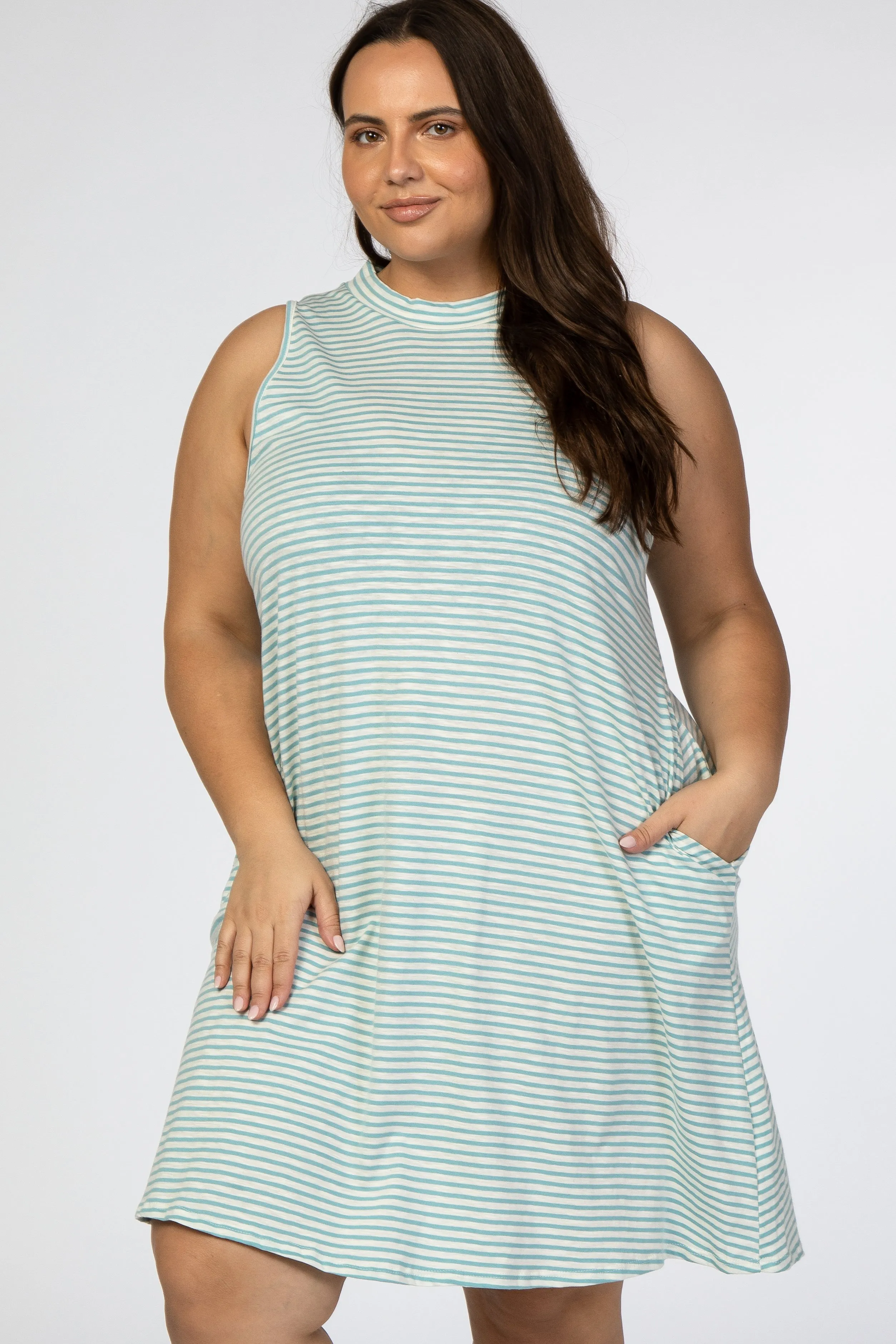 Aqua Striped Mock Neck Sleeveless Plus Dress