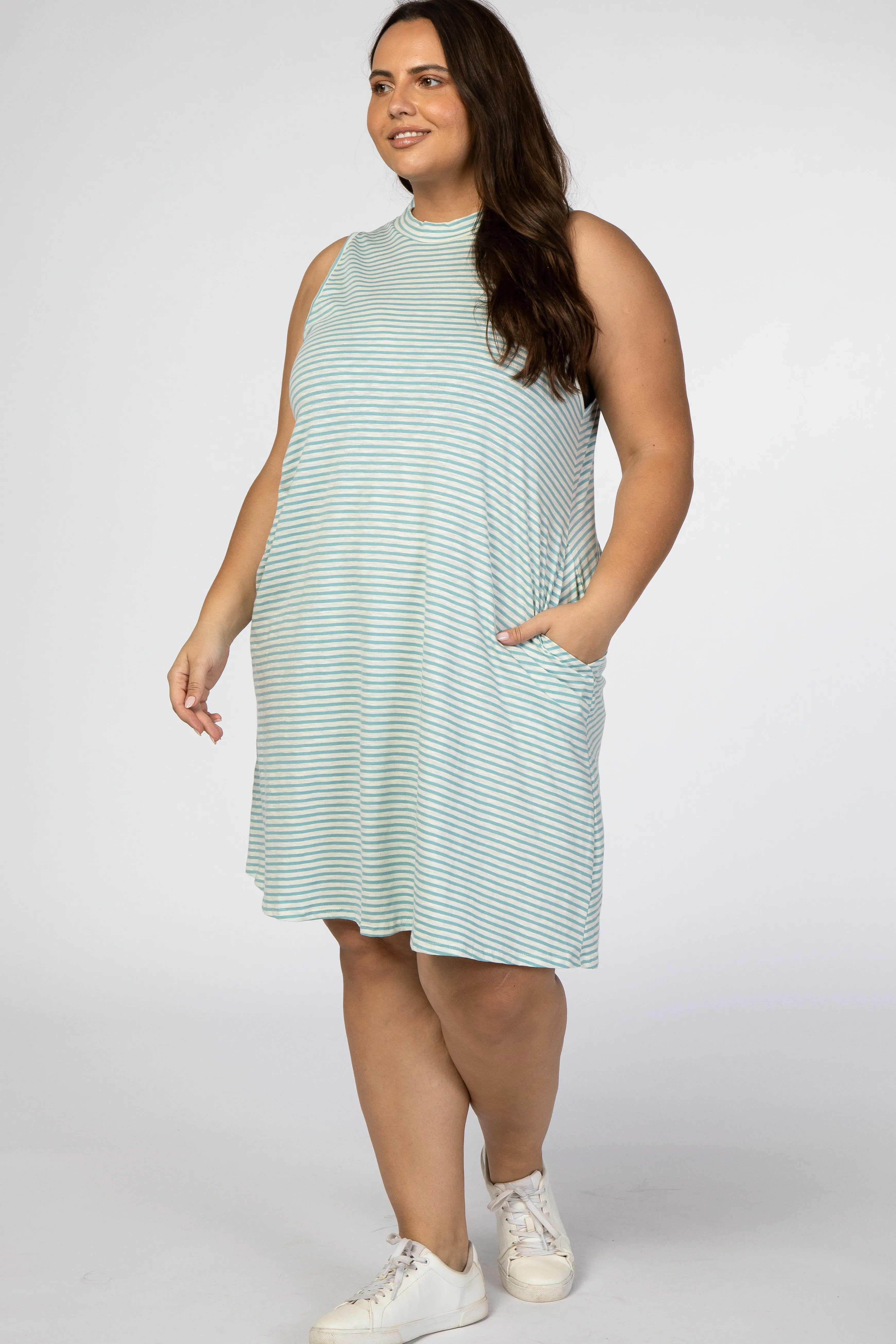 Aqua Striped Mock Neck Sleeveless Plus Dress