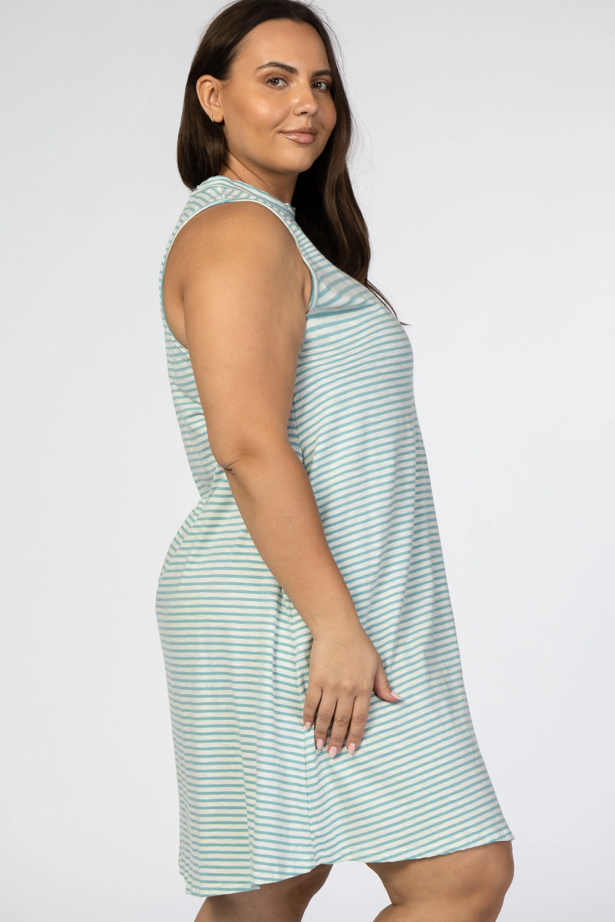 Aqua Striped Mock Neck Sleeveless Plus Dress