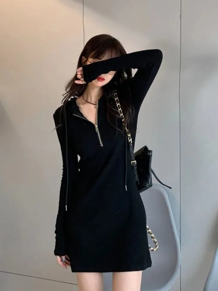 Autumn Korean Zip Bodycon Black Mini Hooded Dress Sport Kpop Style Slim Wrap Long Sleeve Mini Short Dresses Women