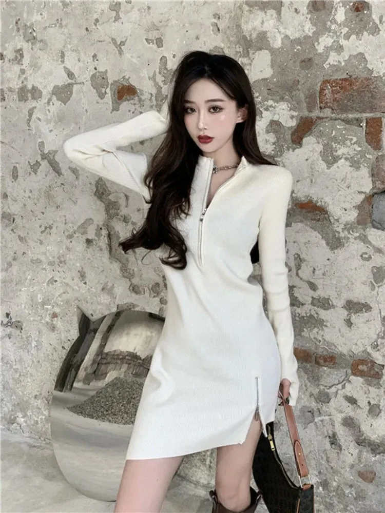 Autumn Korean Zip Knitted Sweater Sexy Bodycon Mini Split Dress Women Kpop Wrap Black Long Sleeve Short Dresses