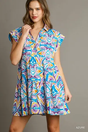 Aztec Print Collared Button Detail Tiered Dress - Azure