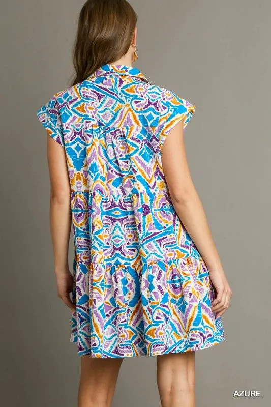 Aztec Print Collared Button Detail Tiered Dress - Azure