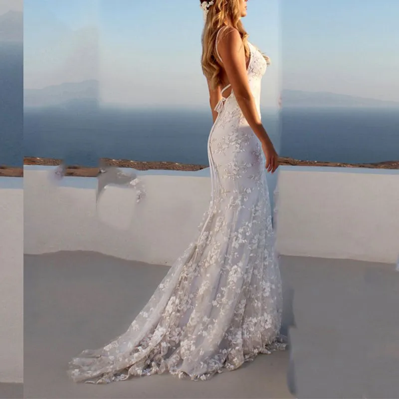 Back Criss Cross V Neck White Mesh Lace Chapel Long Tail Embroidery Formal Gown Dresses