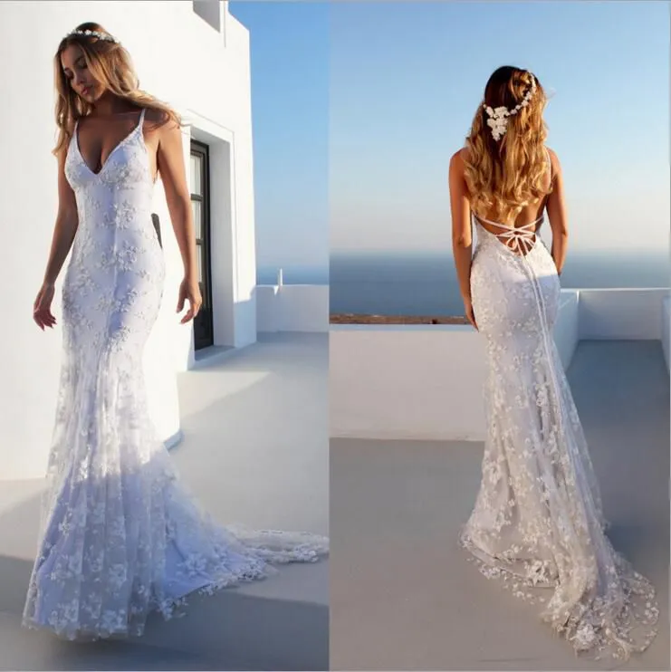 Back Criss Cross V Neck White Mesh Lace Chapel Long Tail Embroidery Formal Gown Dresses