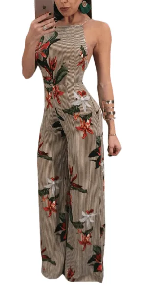 BACKLESS FLORAL PINSTRIP JUMPSUIT