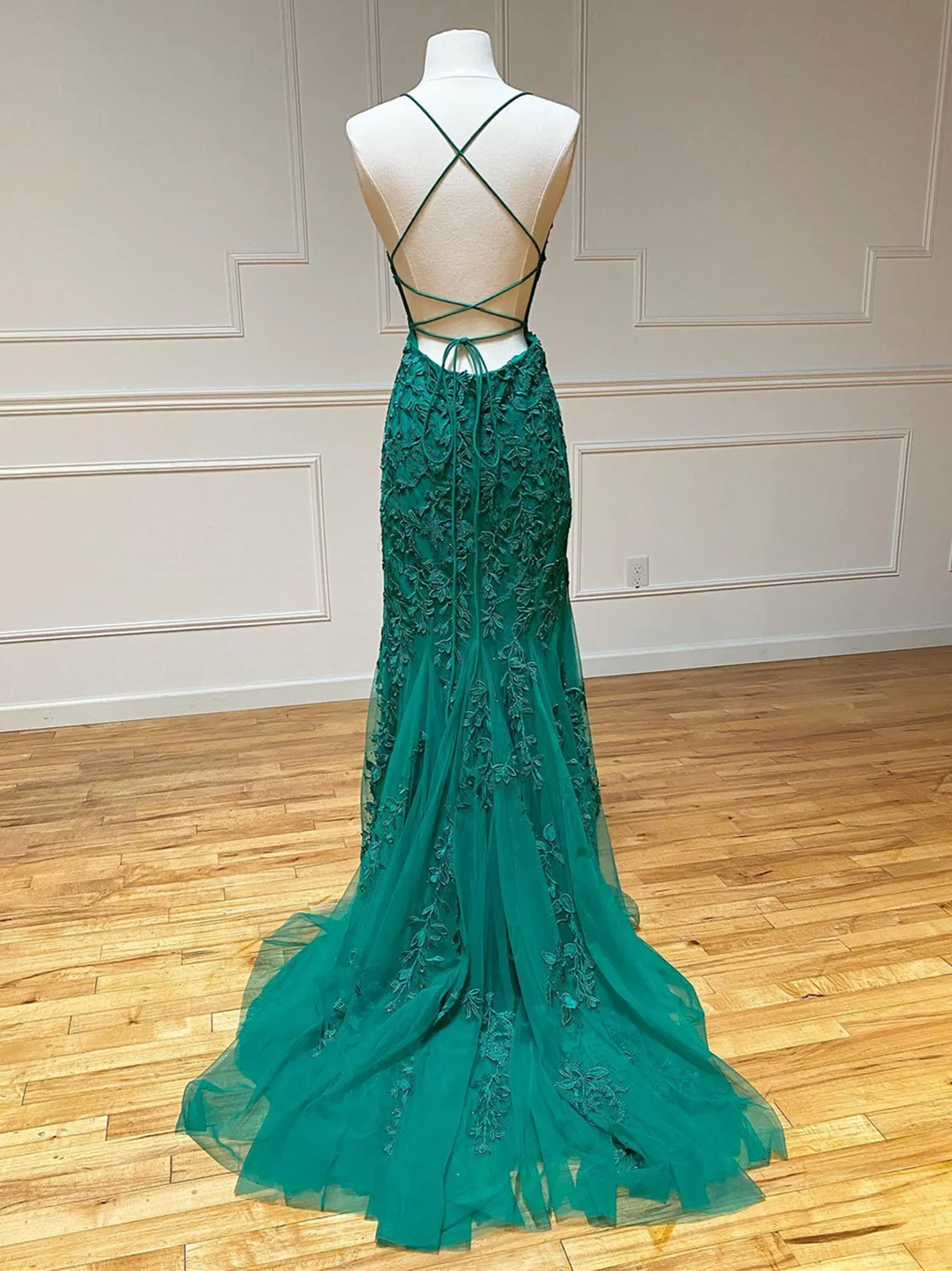 Backless Green Mermaid Lace Prom Dresses, Open Back Green Lace Mermaid Formal Evening Dresses