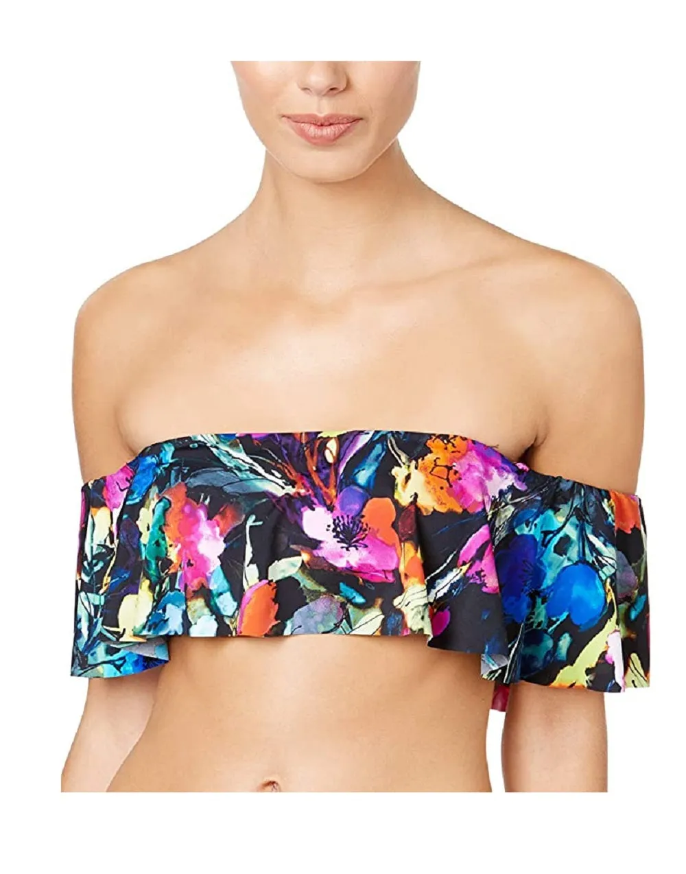 Bar III Women's Painted Posies Printed Off-The-Shoulder Bikini Top (Multi, Small)