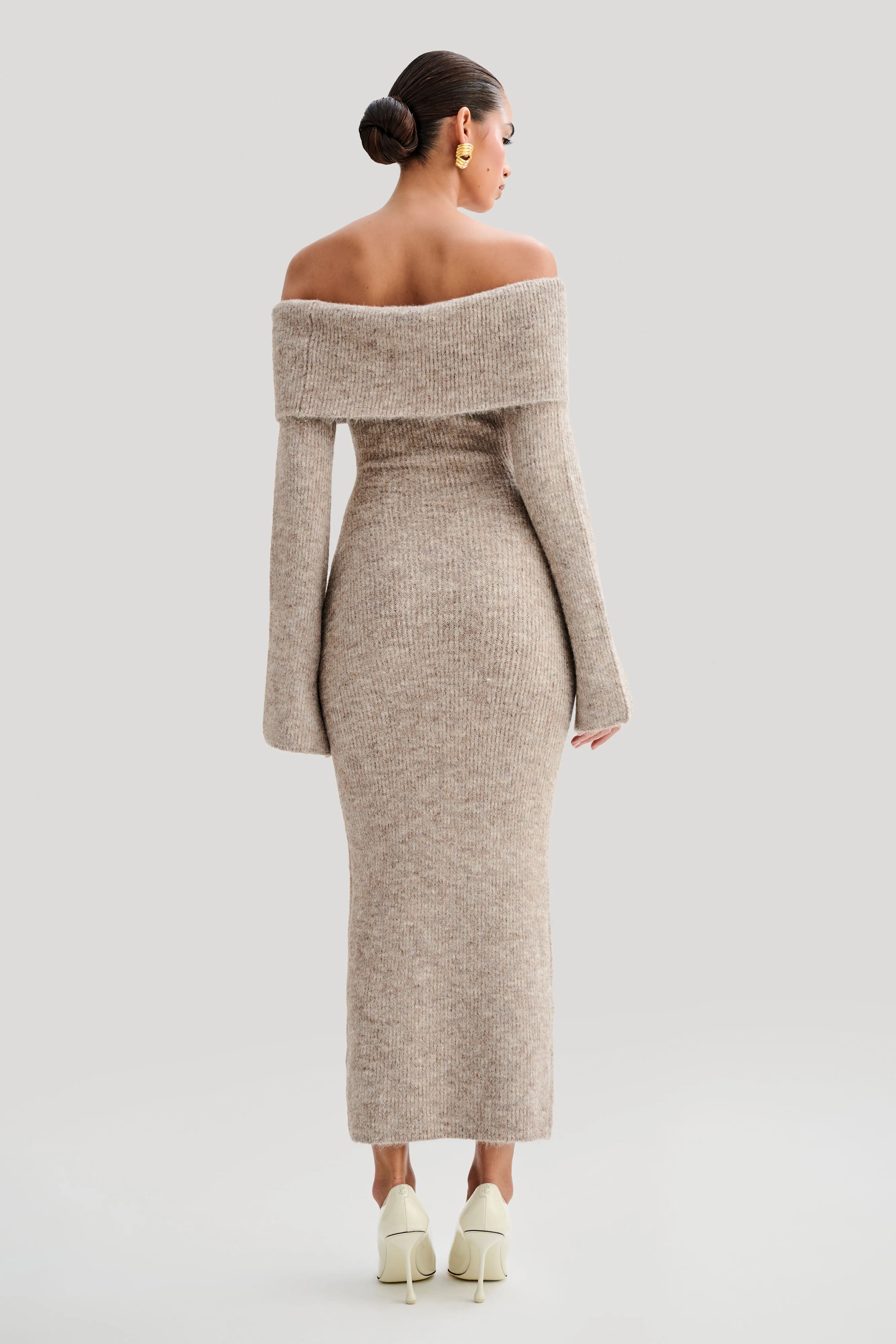 Baxter Off Shoulder Fluffy Knit Midi Dress - Taupe Marle