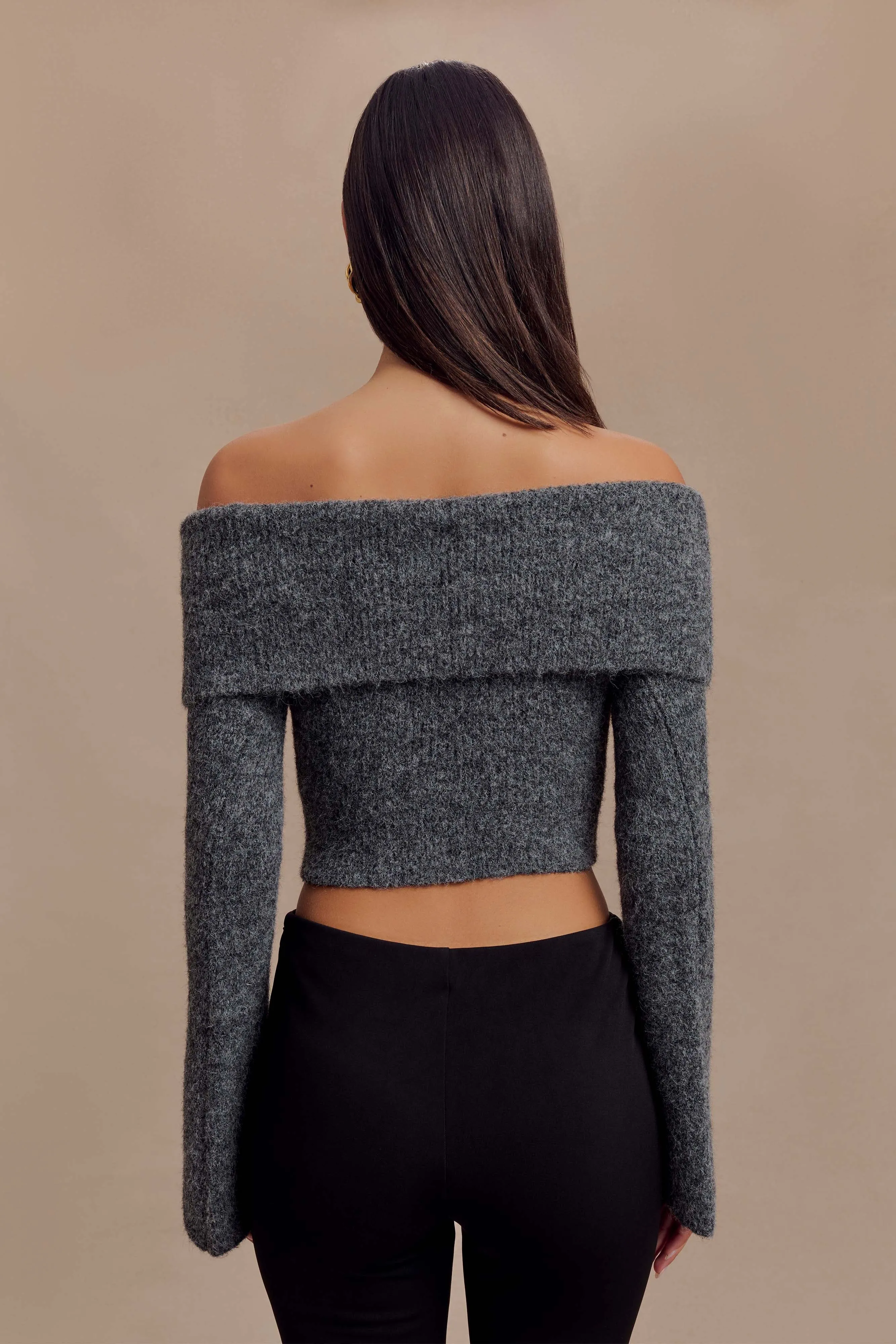 Baxter Off Shoulder Fluffy Knit Top - Charcoal