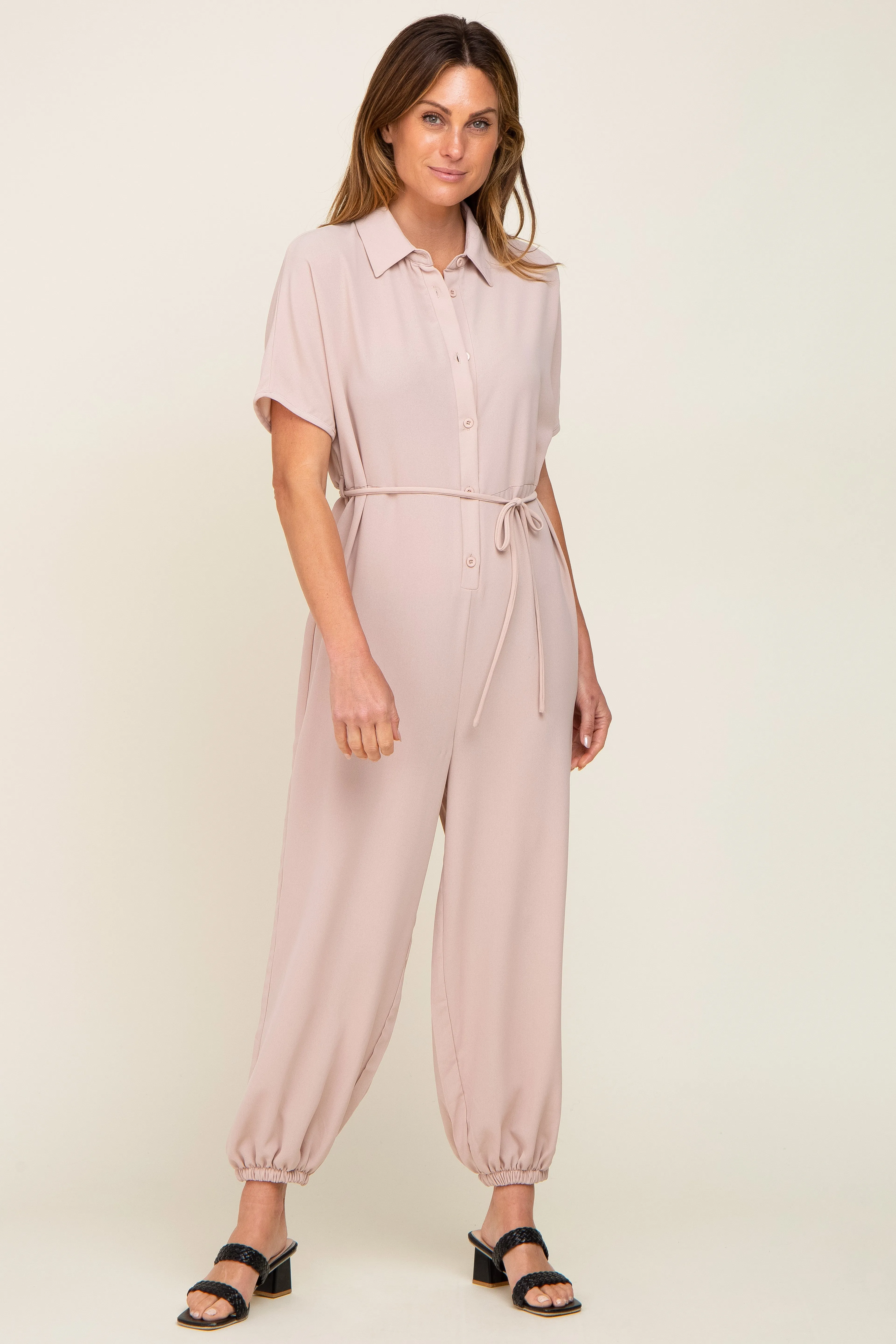 Beige Button Up Jumpsuit