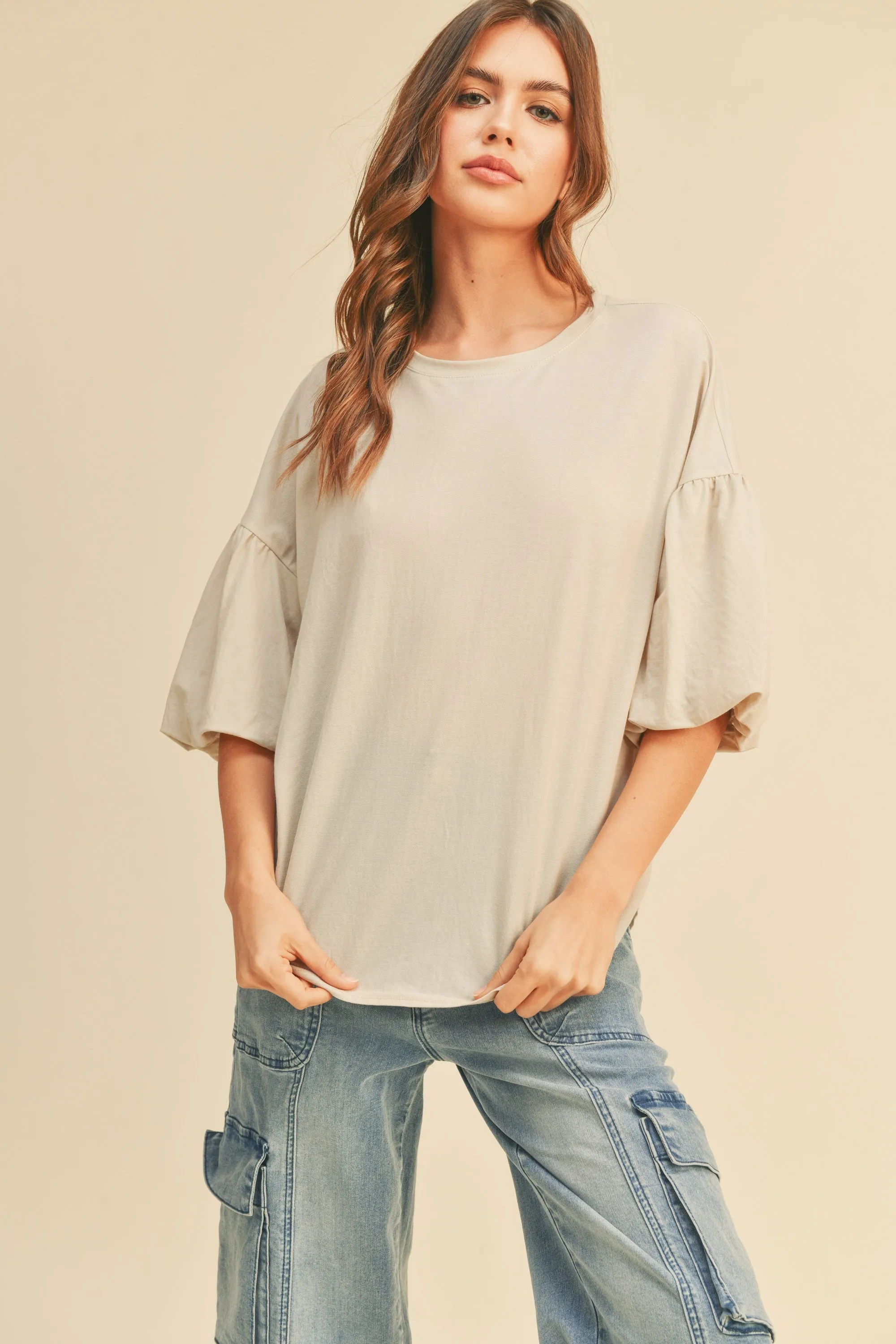 Beige Drop Shoulder Puff Sleeve Top