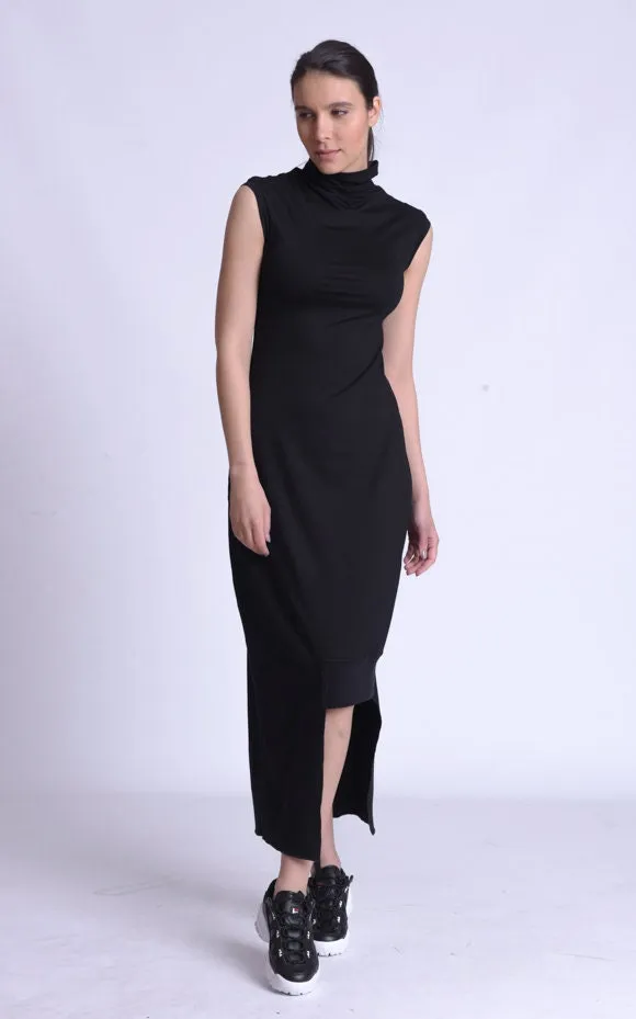 Black Asymmetric Mock Neck Dress