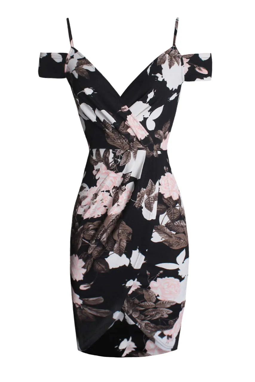 Black Floral Cold Shoulder Midi Dress