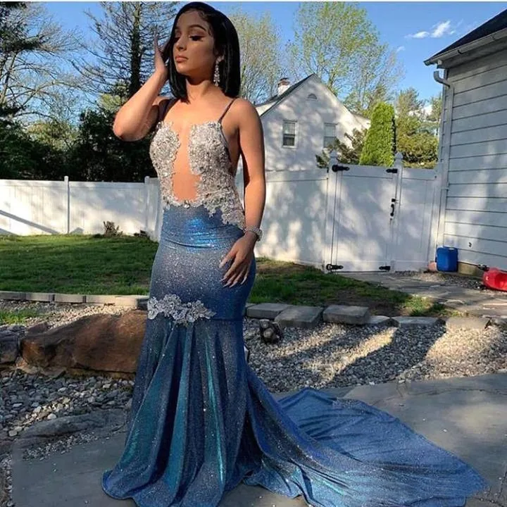 Black Girl Prom Dress Cheap Sparkle Blue Sexy Prom Dresses | Mermaid Silver Aplliques Long Evening Gowns C4074